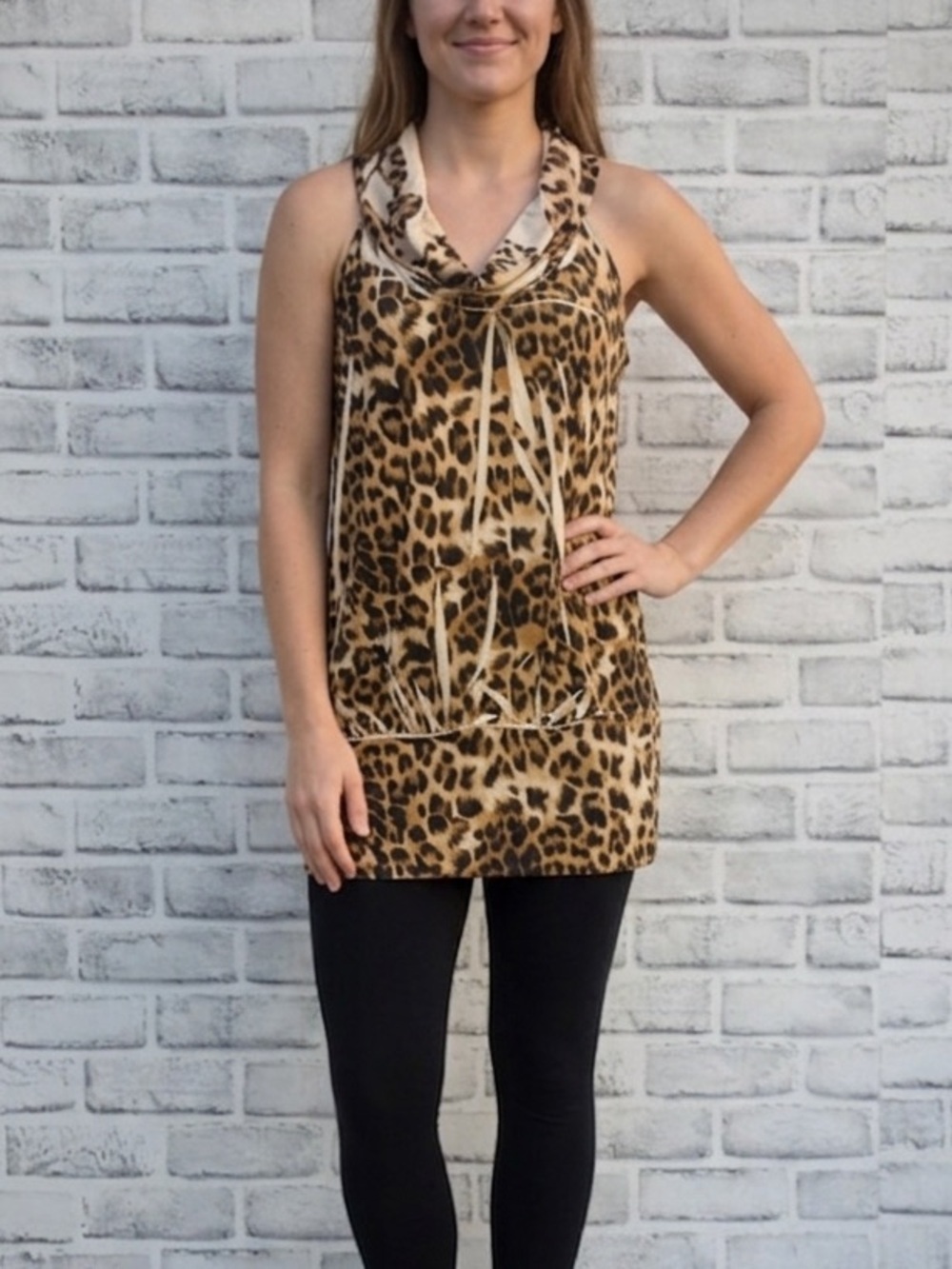 Moa Moa Leopard Print Slouch Neck Sleeveless Blouse Medium